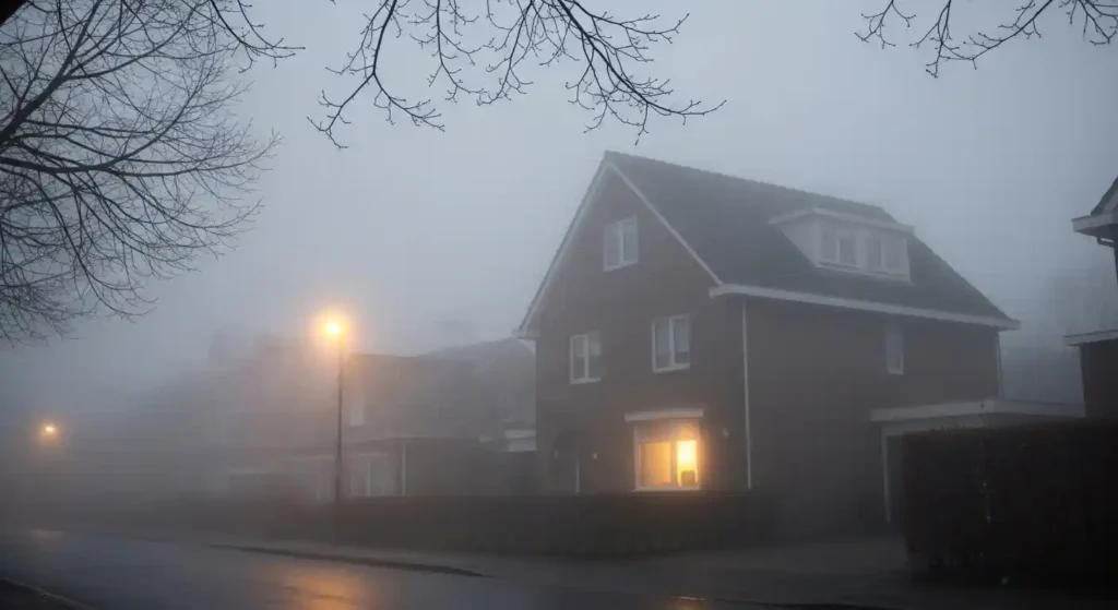 Foggy street scene with a lit house and streetlamp.