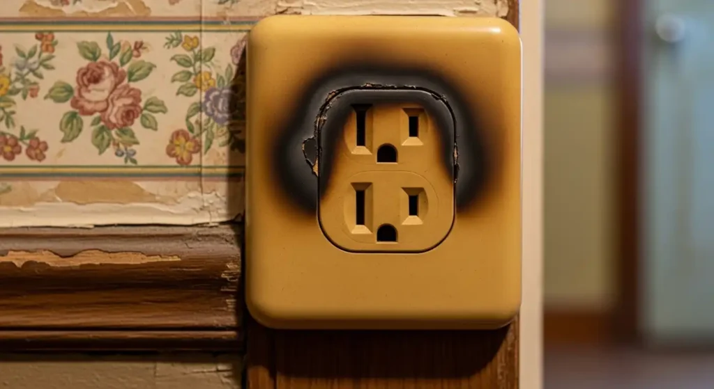 Damaged electrical outlet with burn marks on the wall.