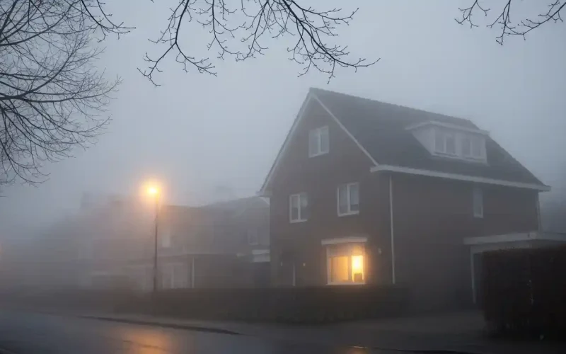 Foggy street scene with a lit house and streetlamp.