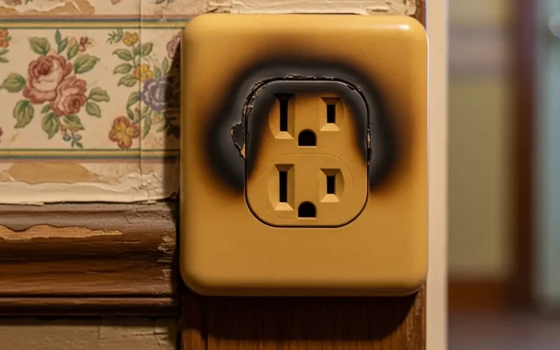 Damaged electrical outlet with burn marks on the wall.