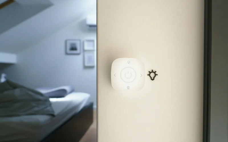 Smart light switch mounted on a wall near a blurred bedroom.
